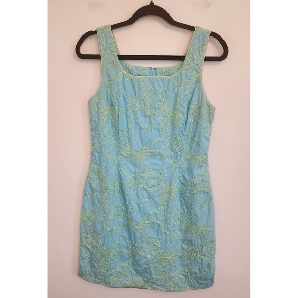 Vintage Lilly Pulitzer White Label Shift Dress Blue Green Embroidered Size 8 - Picture 1 of 8